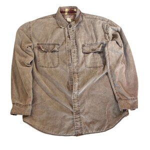 Mens Ironton Brown Faded Button-Up Chore Shirt Plaid Fleece Lining Pockets M